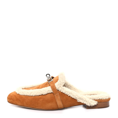 Hermes Suede Goatskin Woolskin Womens Oz Mules 41 Naturel 1 of 8