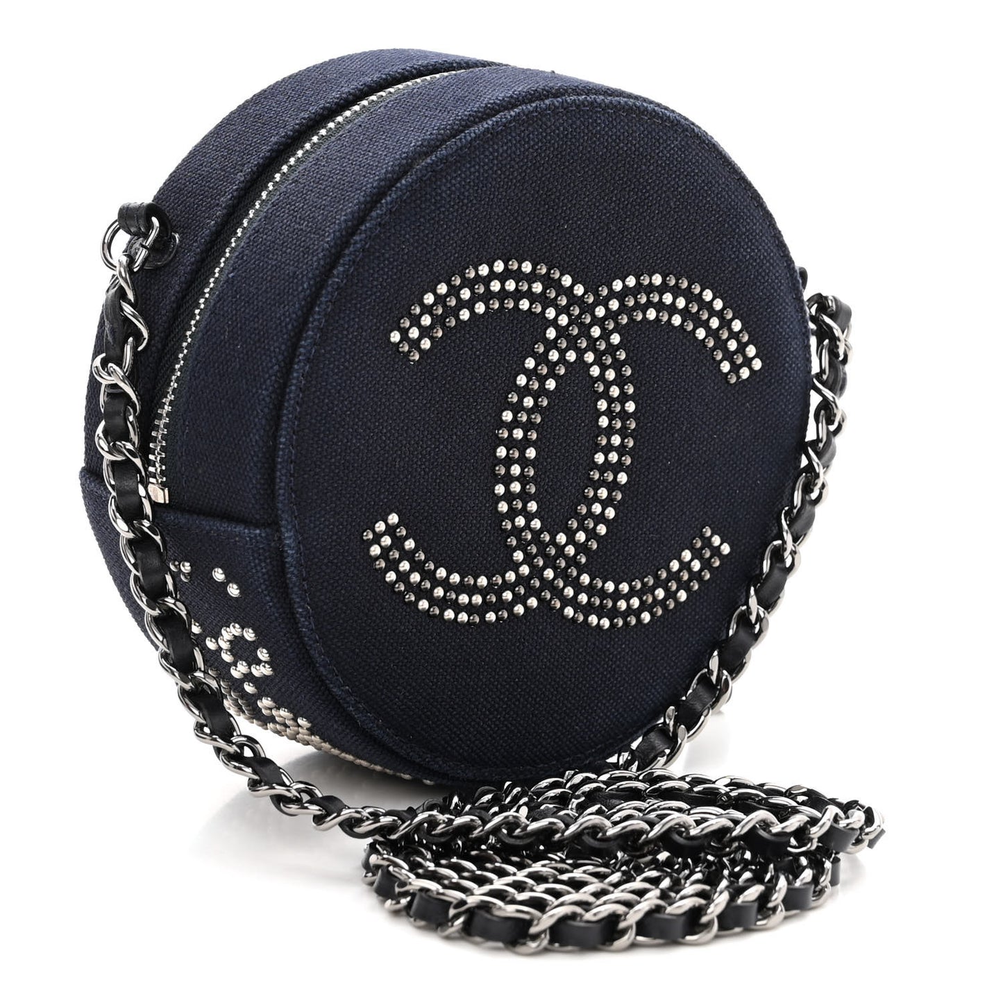 Canvas CC Studded Round Clutch With Chain Navy