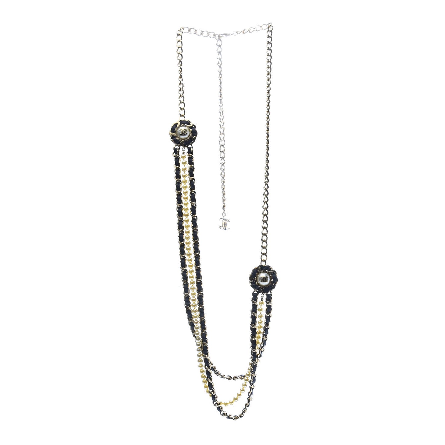 Pearl Calfskin CC Chain Necklace Black Gold