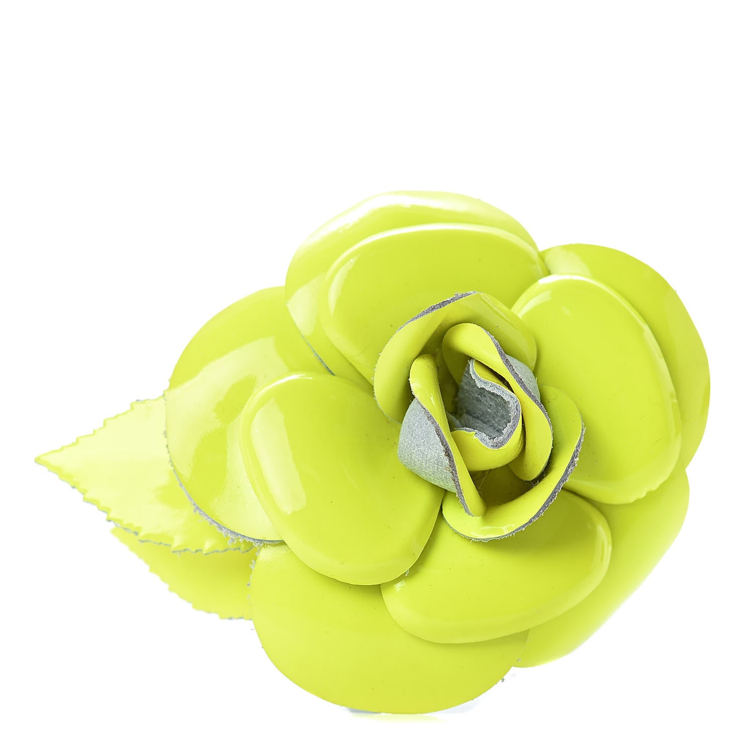 Chanel Patent Camellia Pin Brooch Neon Yellow 1 of 5