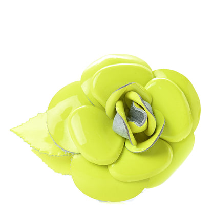 Chanel Patent Camellia Pin Brooch Neon Yellow 1 of 5