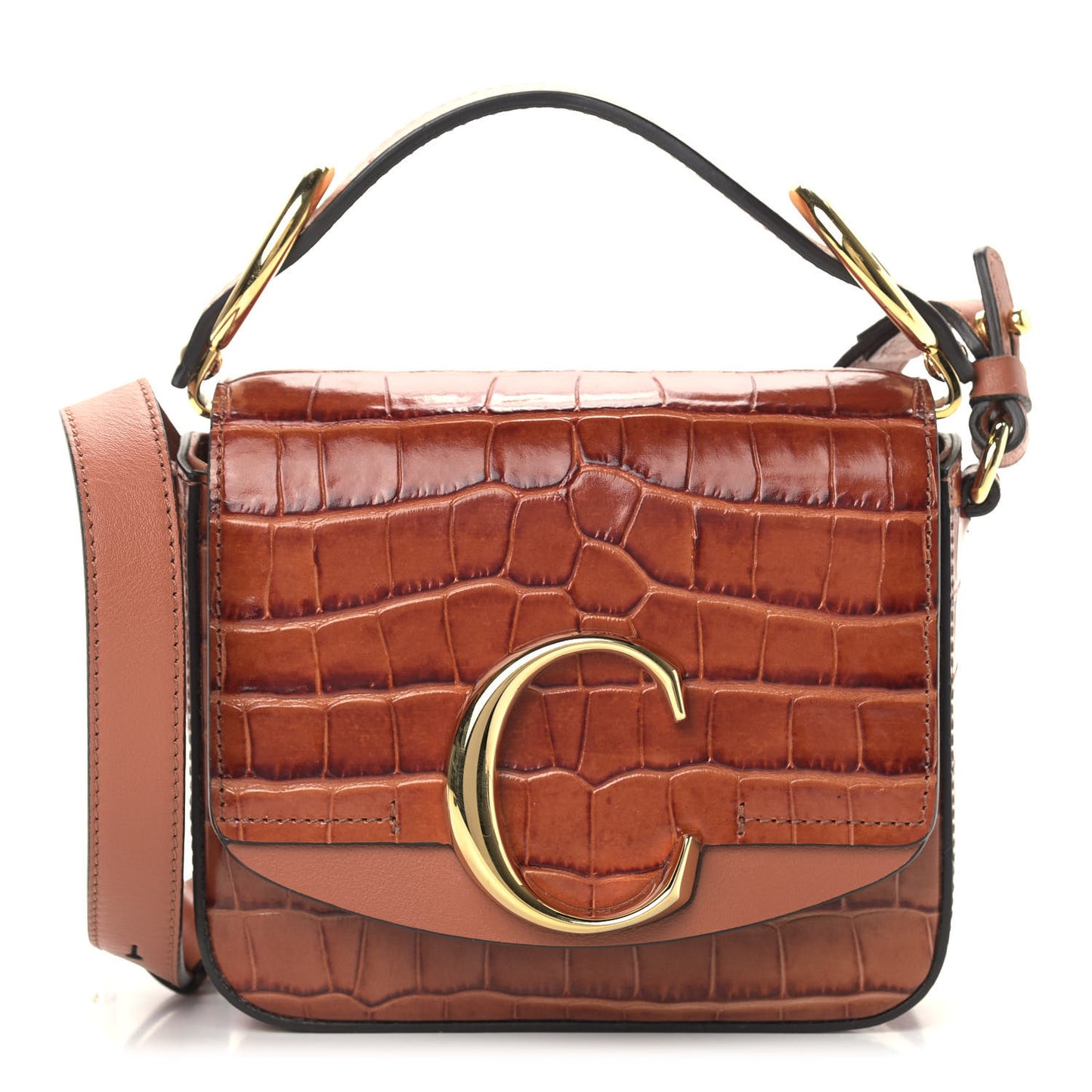 Calfskin Crocodile Embossed Mini C Double Carry Chestnut Brown