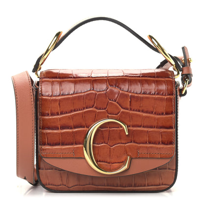 Chloe Calfskin Crocodile Embossed Mini C Double Carry Chestnut Brown 1 of 9