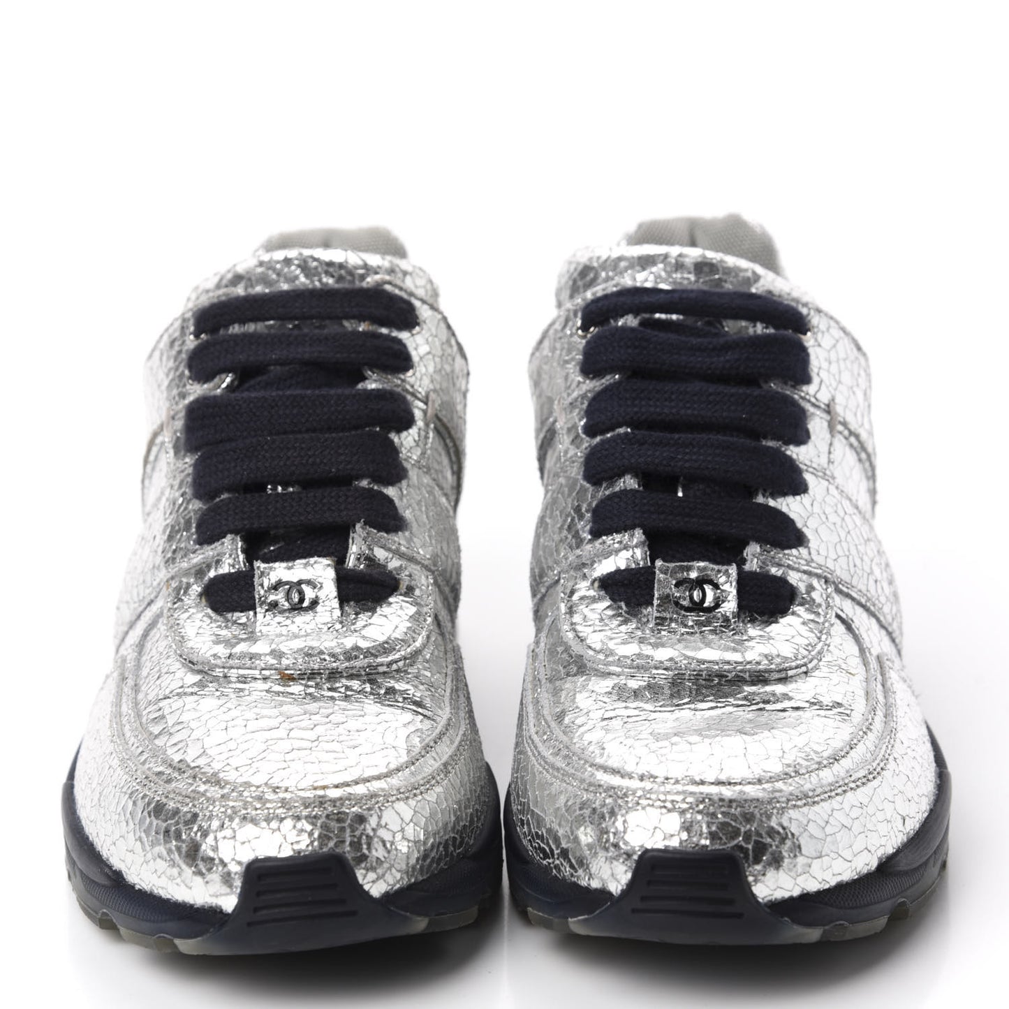 Metallic Crackled Calfskin CC Sneakers 36.5 Silver Black Navy