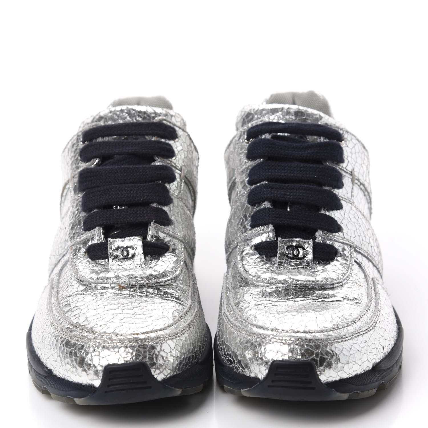 Chanel Metallic Crackled Calfskin CC Sneakers 36.5 Silver Black Navy 2 of 9