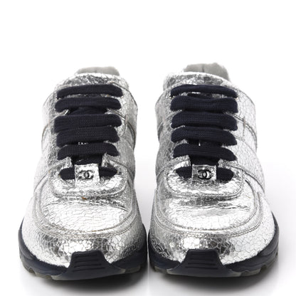 Chanel Metallic Crackled Calfskin CC Sneakers 36.5 Silver Black Navy 2 of 9