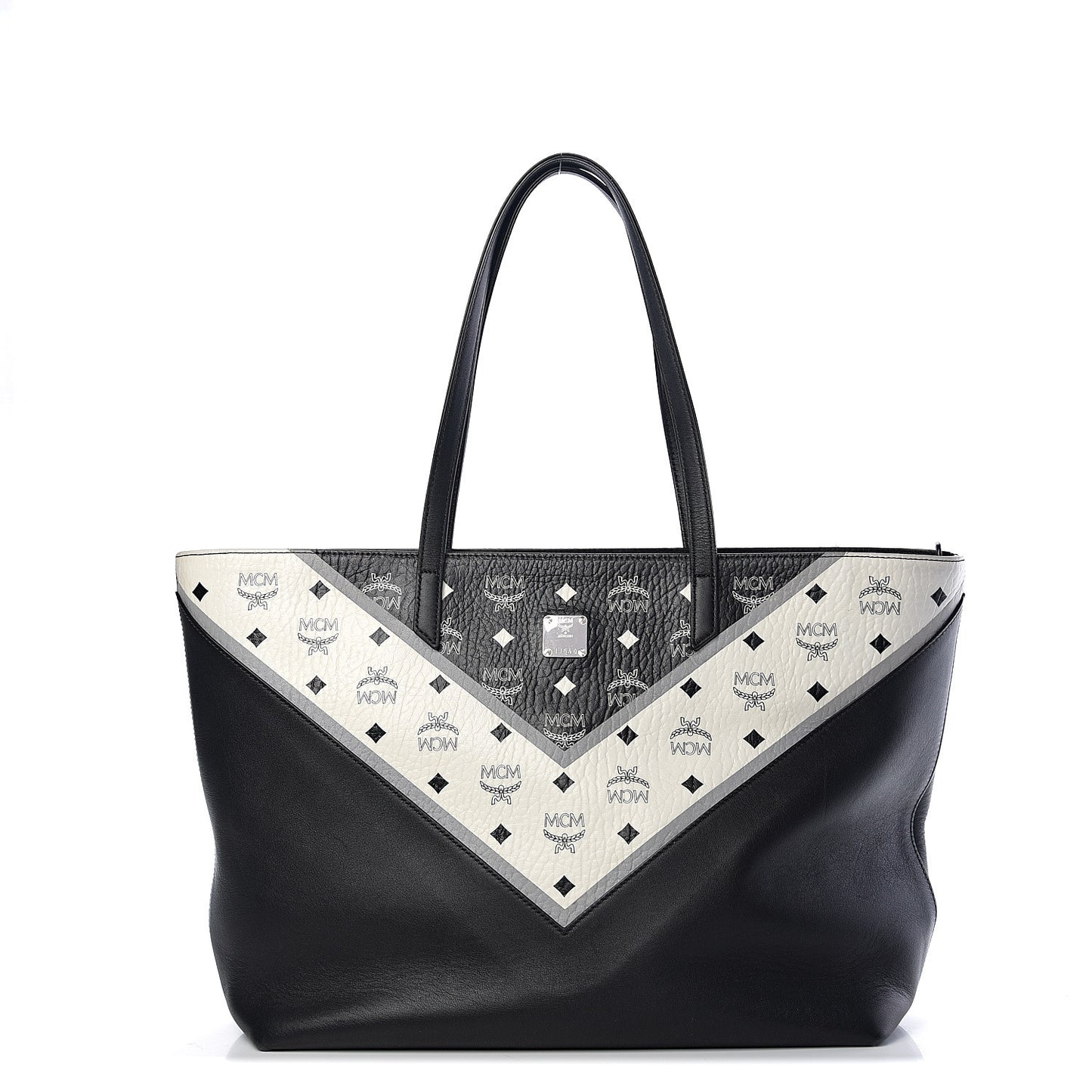 Visetos Chevron Medium Colorblock Anya Zip Top Shopper Tote Cognac Black White