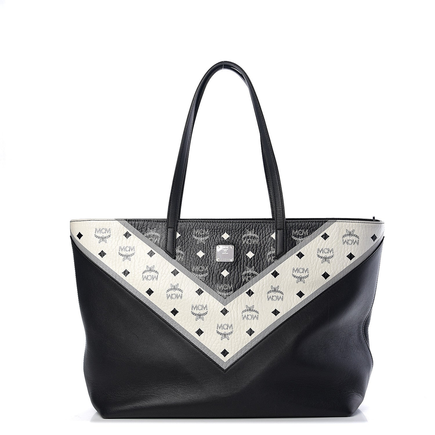 MCM Visetos Chevron Medium Colorblock Anya Zip Top Shopper Tote Cognac Black White 1 of 10