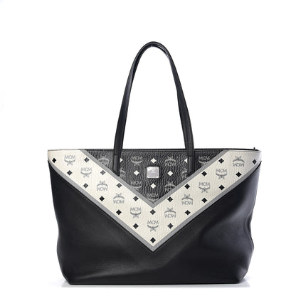 MCM Visetos Chevron Medium Colorblock Anya Zip Top Shopper Tote Cognac Black White 1 of 10