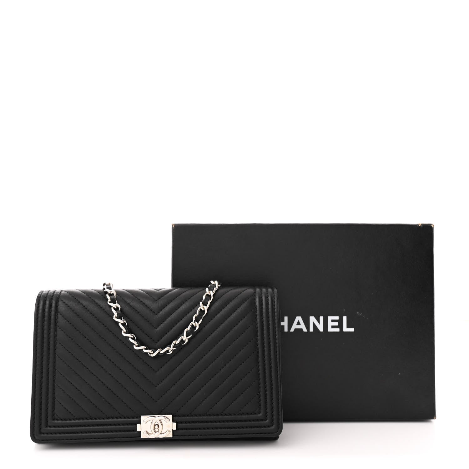Chanel Calfskin Chevron Quilted Boy Wallet On Removable Chain WOC Black 12 of 12