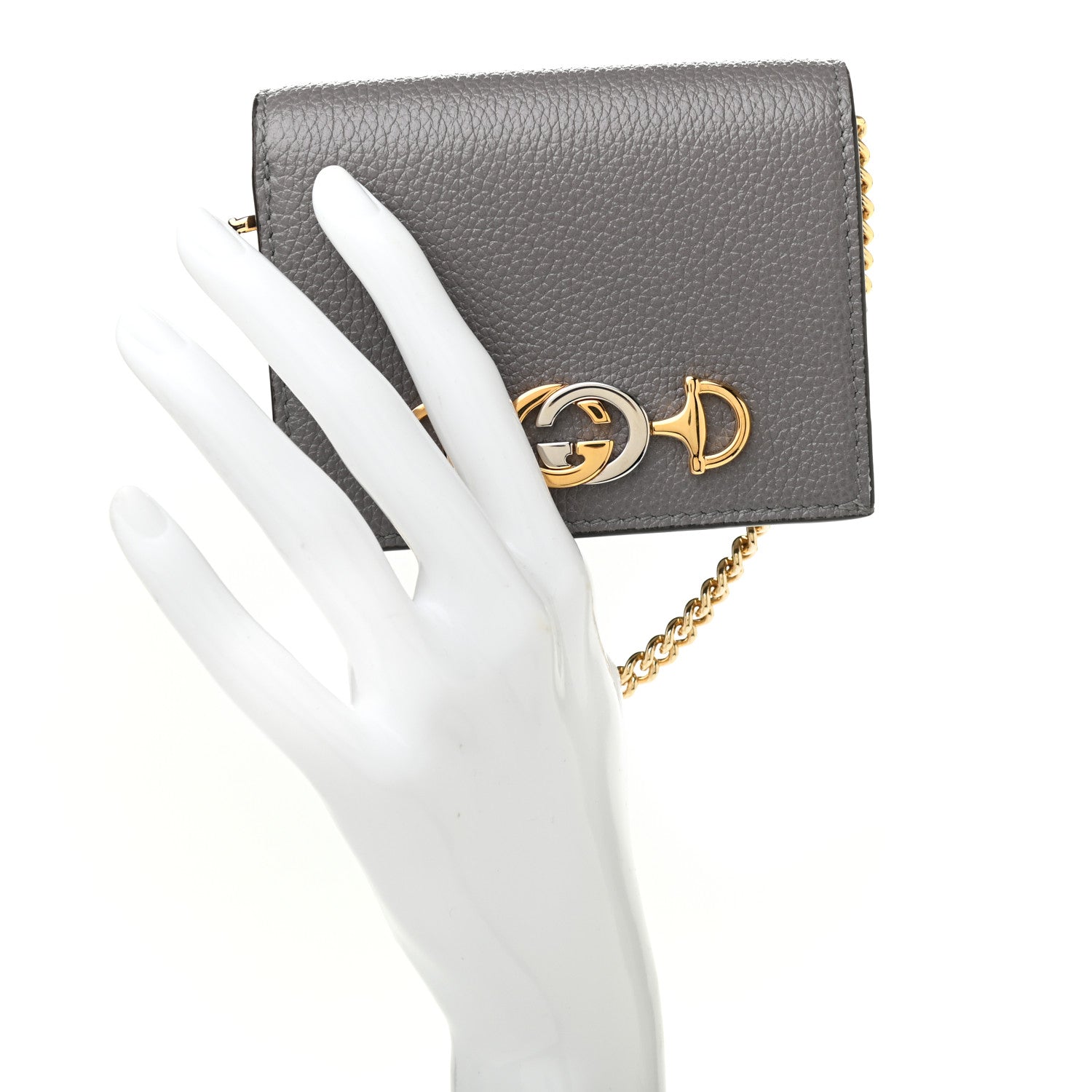 Gucci Grainy Calfskin Zumi Chain Card Case Wallet Dusty Grey 2 of 7