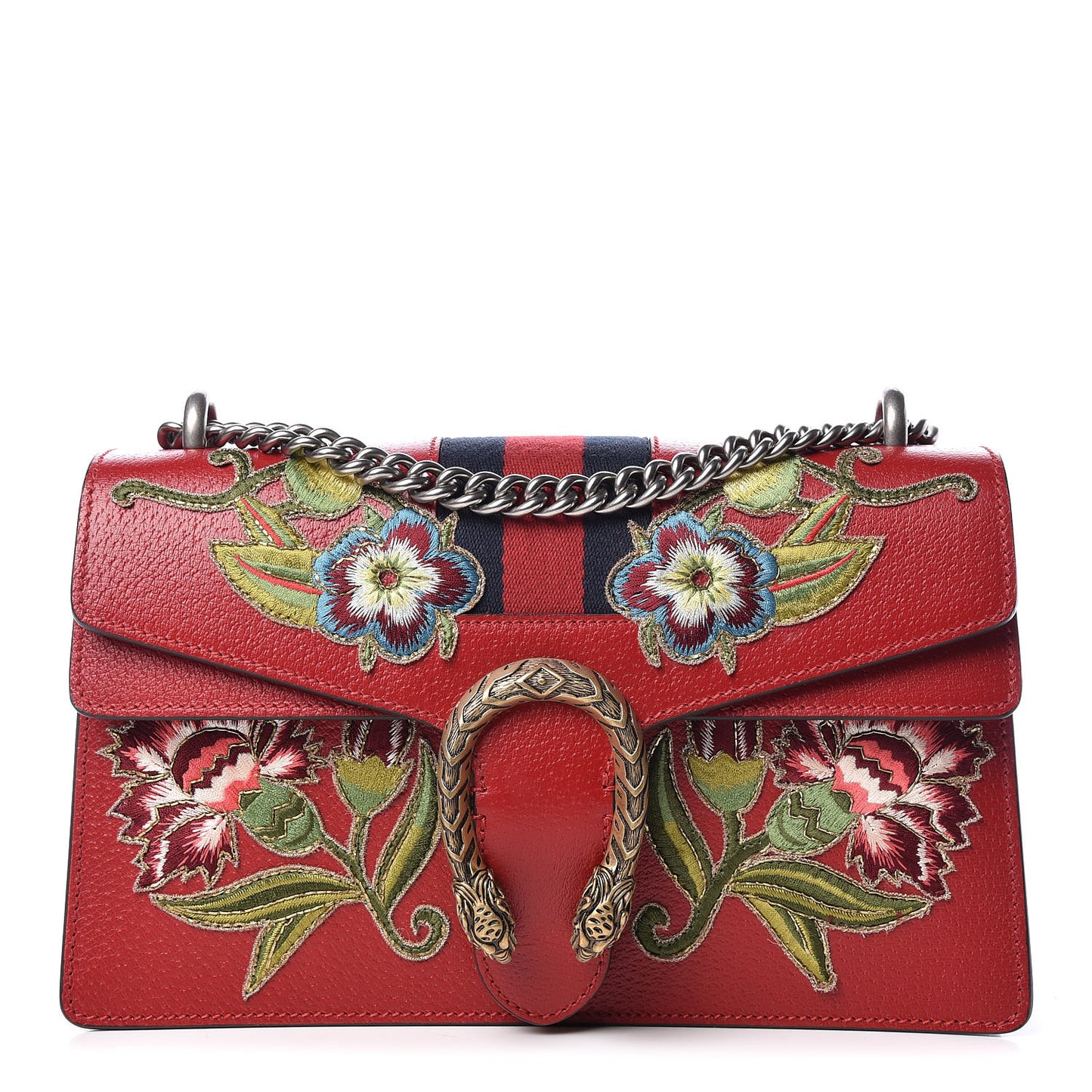 Calfskin Web Floral Embroidered Small Dionysus Shoulder Bag Hibiscus Red