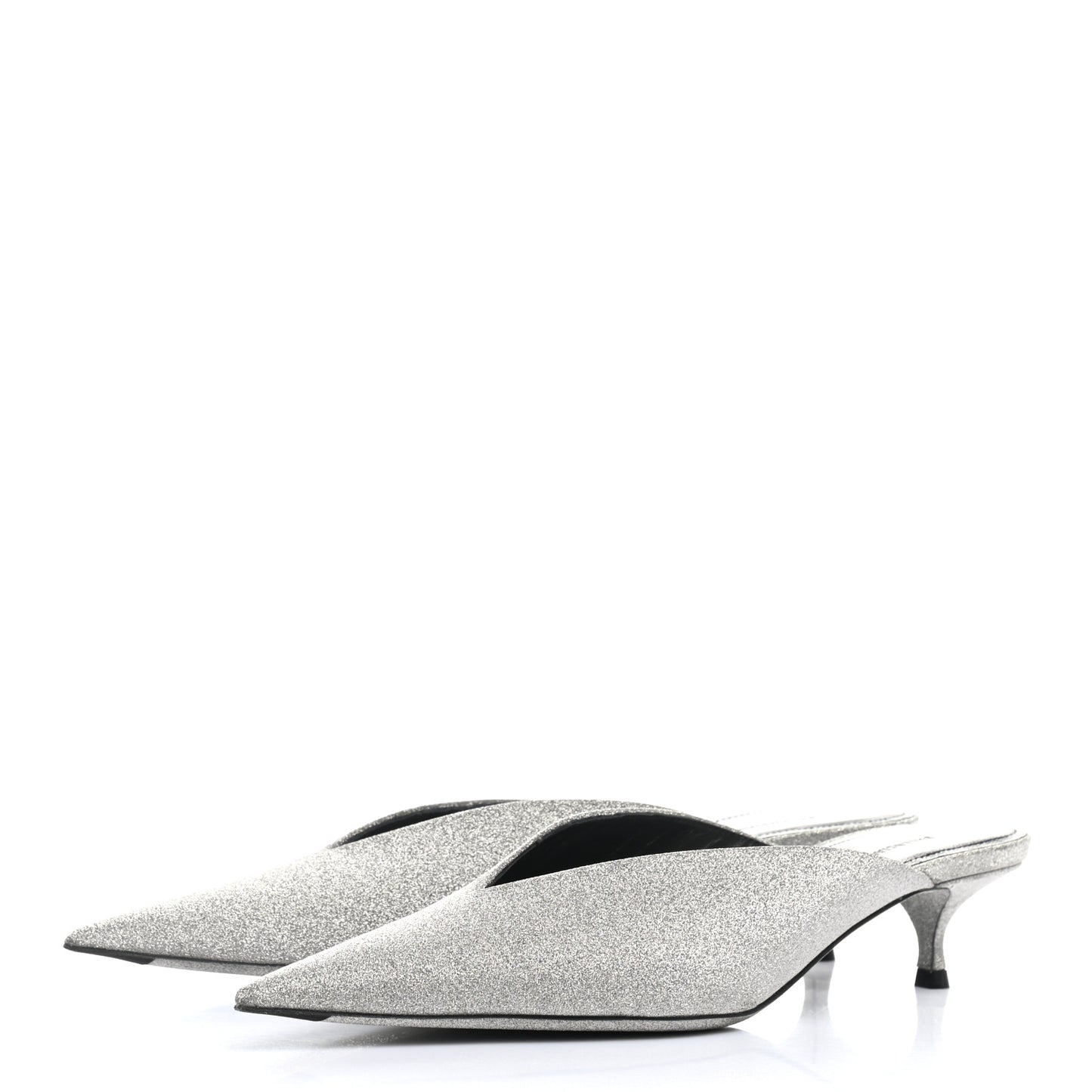 Glitter Calfskin Pointed Toe Knife 40mm Mules 37 Silver Black
