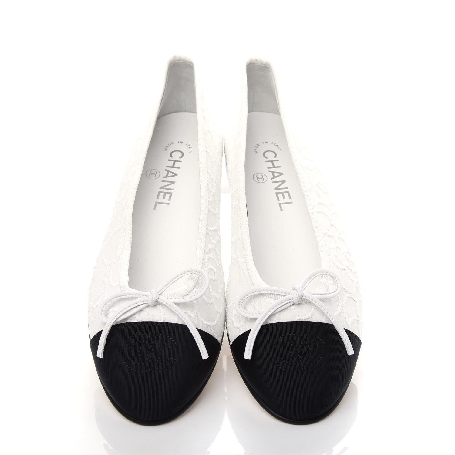 Chanel Fabric Camellia Embroidered Cap Toe Ballerina Flats 37 White Black 5 of 10