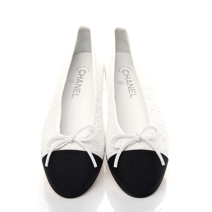 Chanel Fabric Camellia Embroidered Cap Toe Ballerina Flats 37 White Black 5 of 10