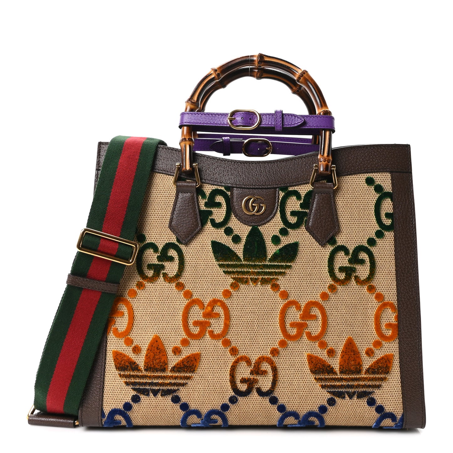 X ADIDAS Textured Dollar Calfskin Jumbo GG Textured Web Trefoil Logo Medium Diana Tote Bag Beige Brown Multicolor