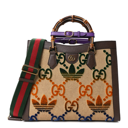 Gucci X ADIDAS Textured Dollar Calfskin Jumbo GG Textured Web Trefoil Logo Medium Diana Tote Bag Beige Brown Multicolor 1 of 10