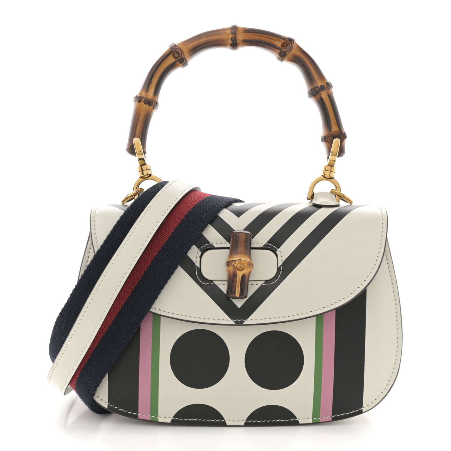 Calfskin Web Geometric Print Small Bamboo 1947 Top Handle Bag White Multicolor