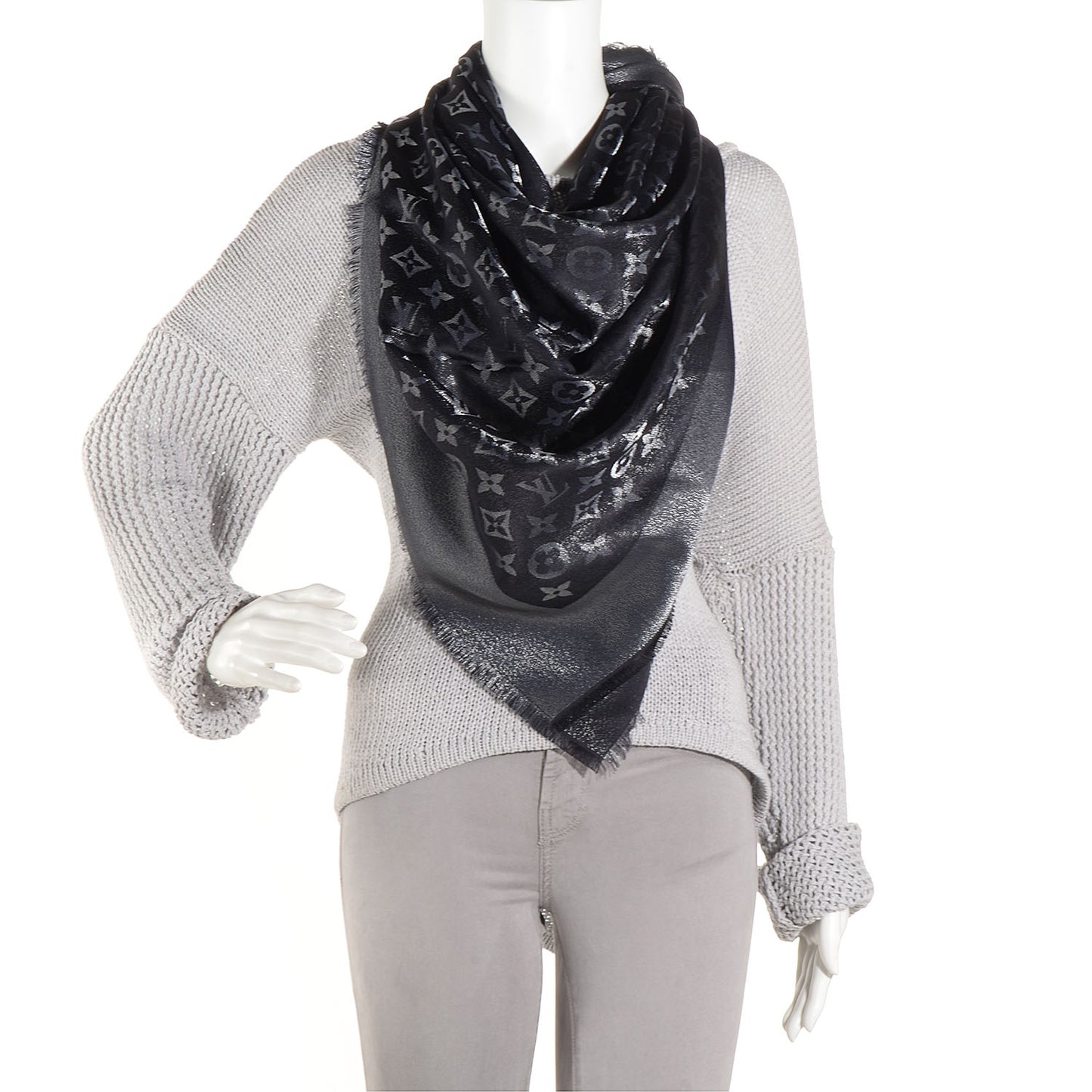 Silk Lurex Wool Monogram Shine Shawl Black