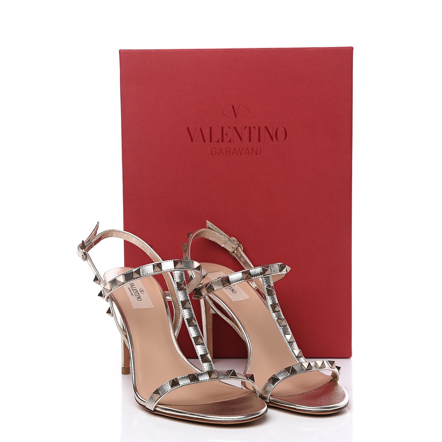 Metallic Nappa Rockstud T-Strap Slingback 85mm Sandals 40 Skin