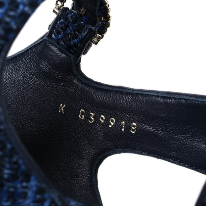 Chanel Silk Linen Tweed Quilted CC Platform Sandals 39.5 Navy Blue Gray 10 of 11