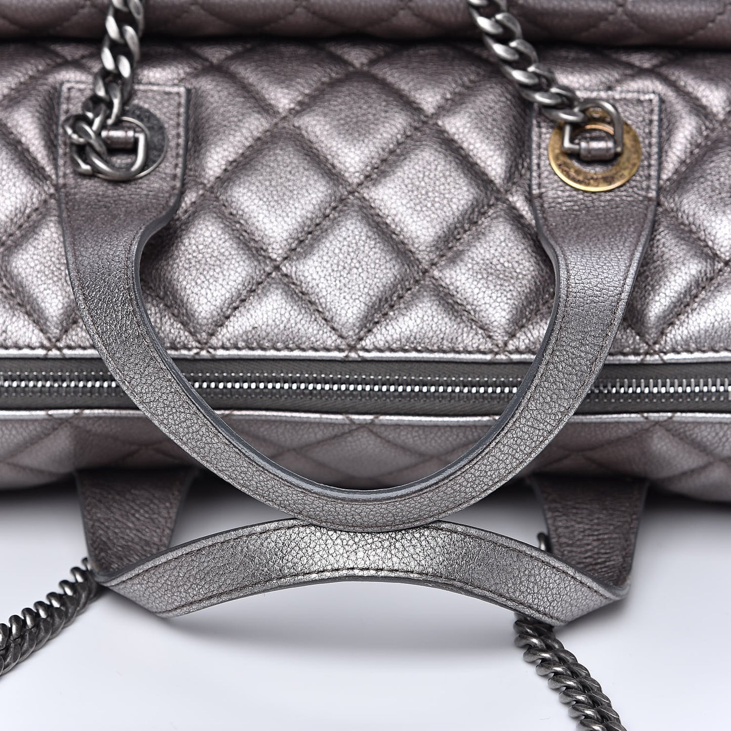 Metallic Grained Calfskin Quilted Large Casual Pocket Bowling Bag Silver