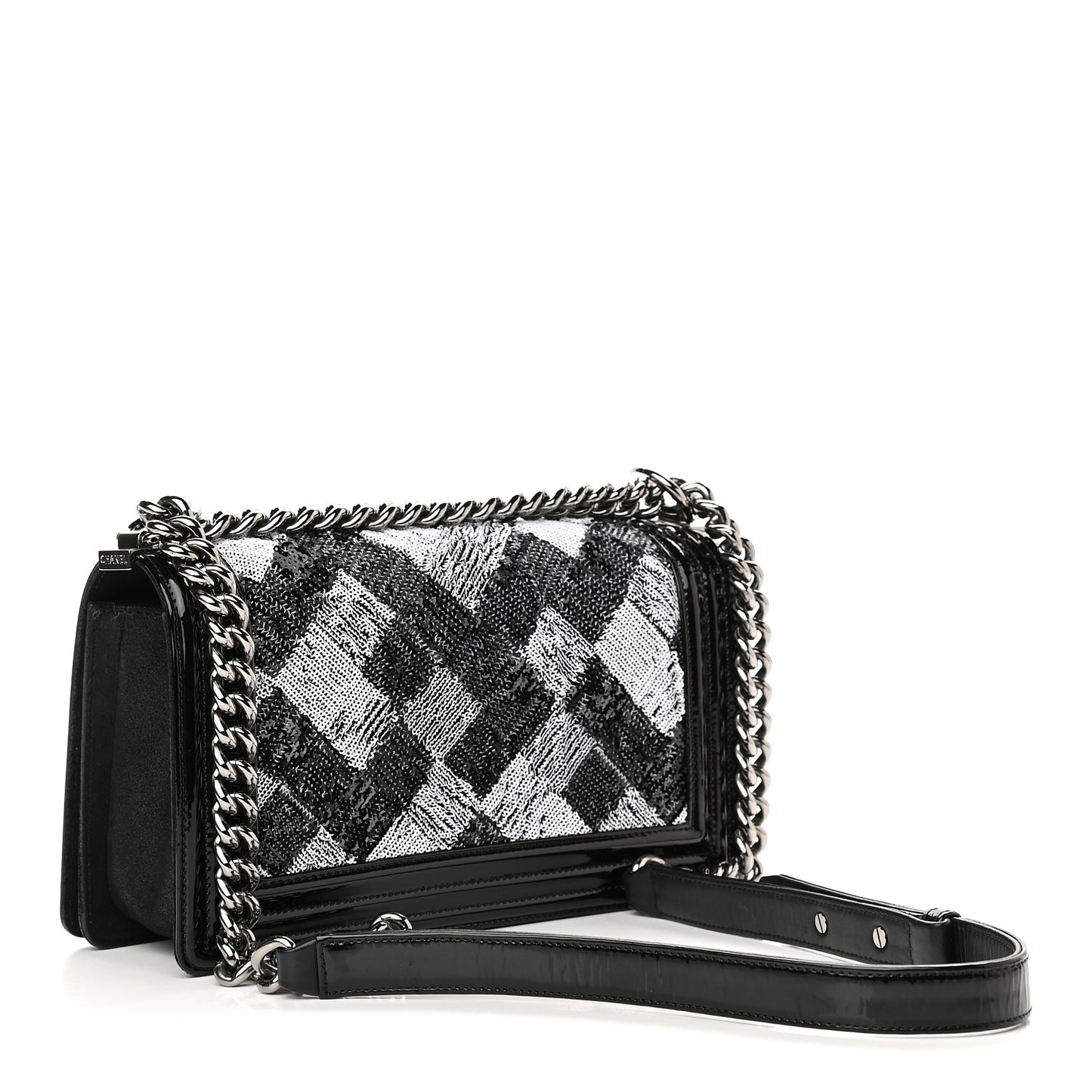 Patent Iridescent Calfskin Sequin Medium Boy Flap Bag Black