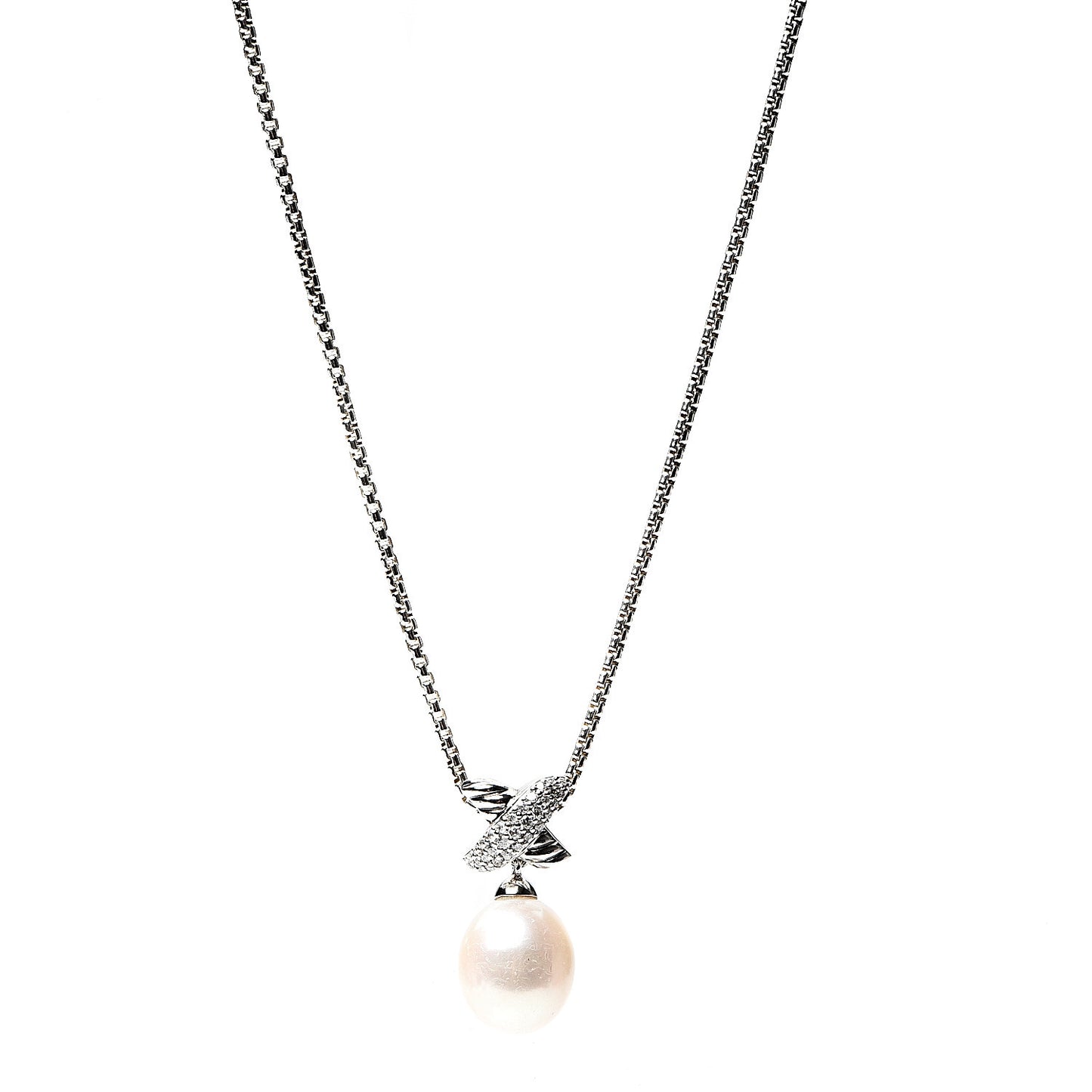 Sterling Silver Pearl Diamond 25mm X Pendant Necklace