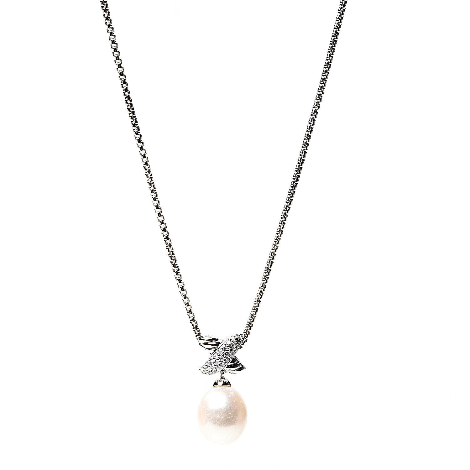David Yurman Sterling Silver Pearl Diamond 25mm X Pendant Necklace 1 of 3