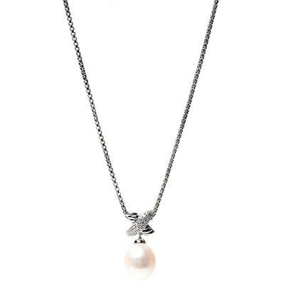 David Yurman Sterling Silver Pearl Diamond 25mm X Pendant Necklace 1 of 3