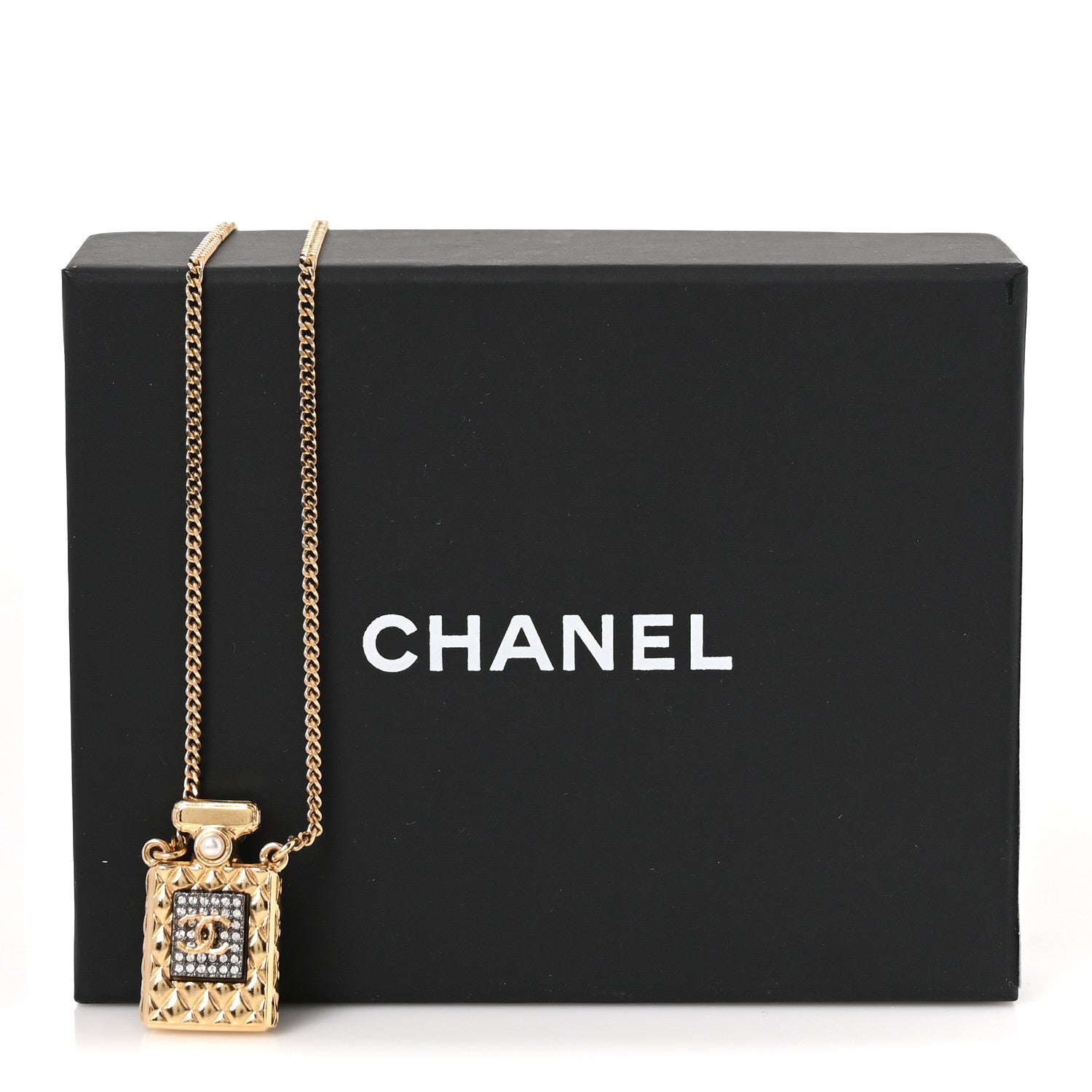 Chanel Crystal Pearl Perfume Bottle CC Necklace Gold Black 5 of 5