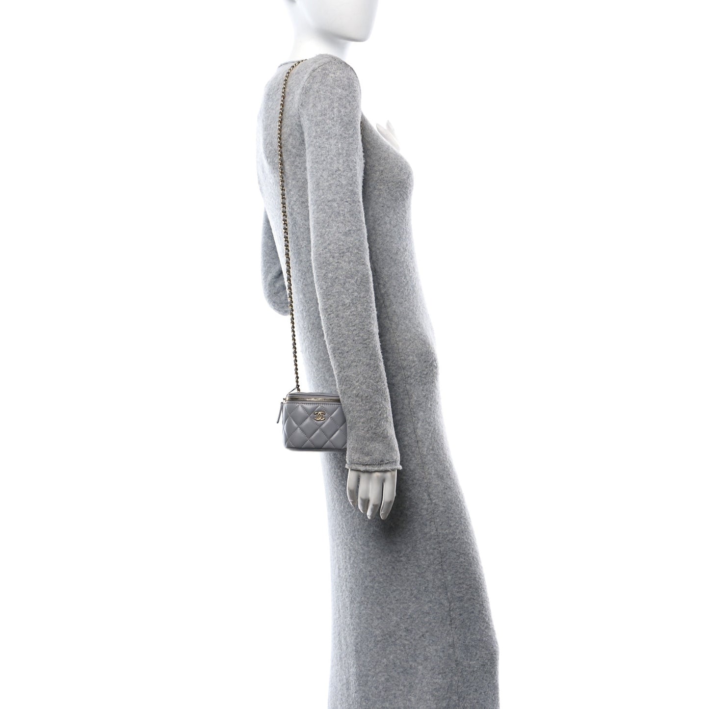 Lambskin Quilted Pearl Crush Mini Vanity Case With Chain Grey