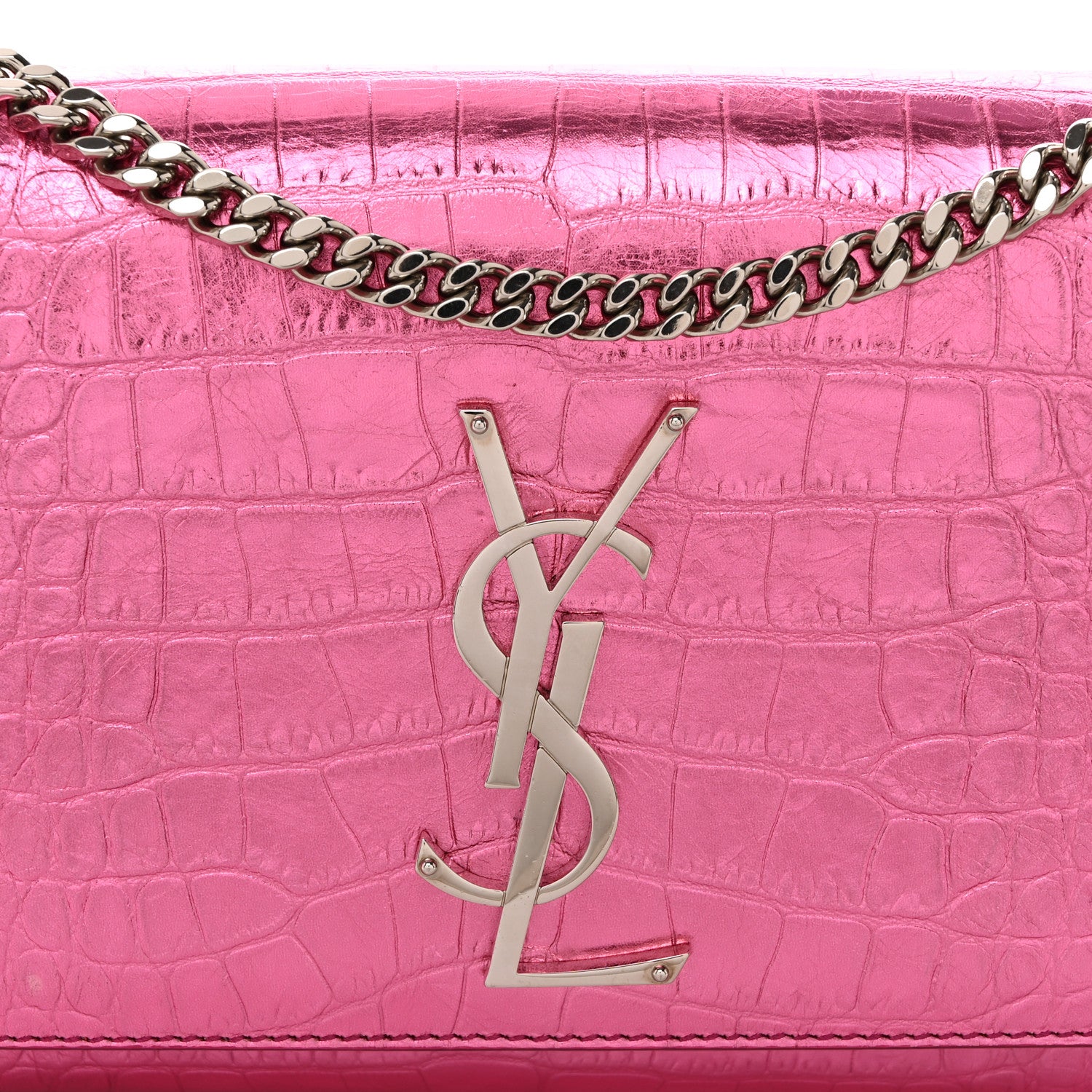 Saint Laurent Metallic Calfskin Crocodile Embossed Small Classic Monogram Kate Tassel Satchel Pink 9 of 11
