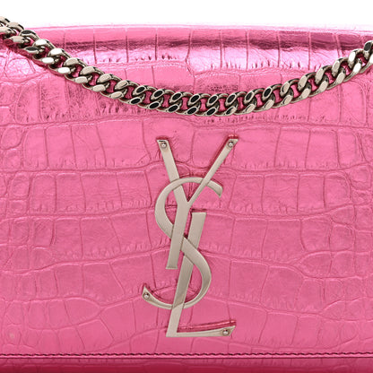 Saint Laurent Metallic Calfskin Crocodile Embossed Small Classic Monogram Kate Tassel Satchel Pink 9 of 11