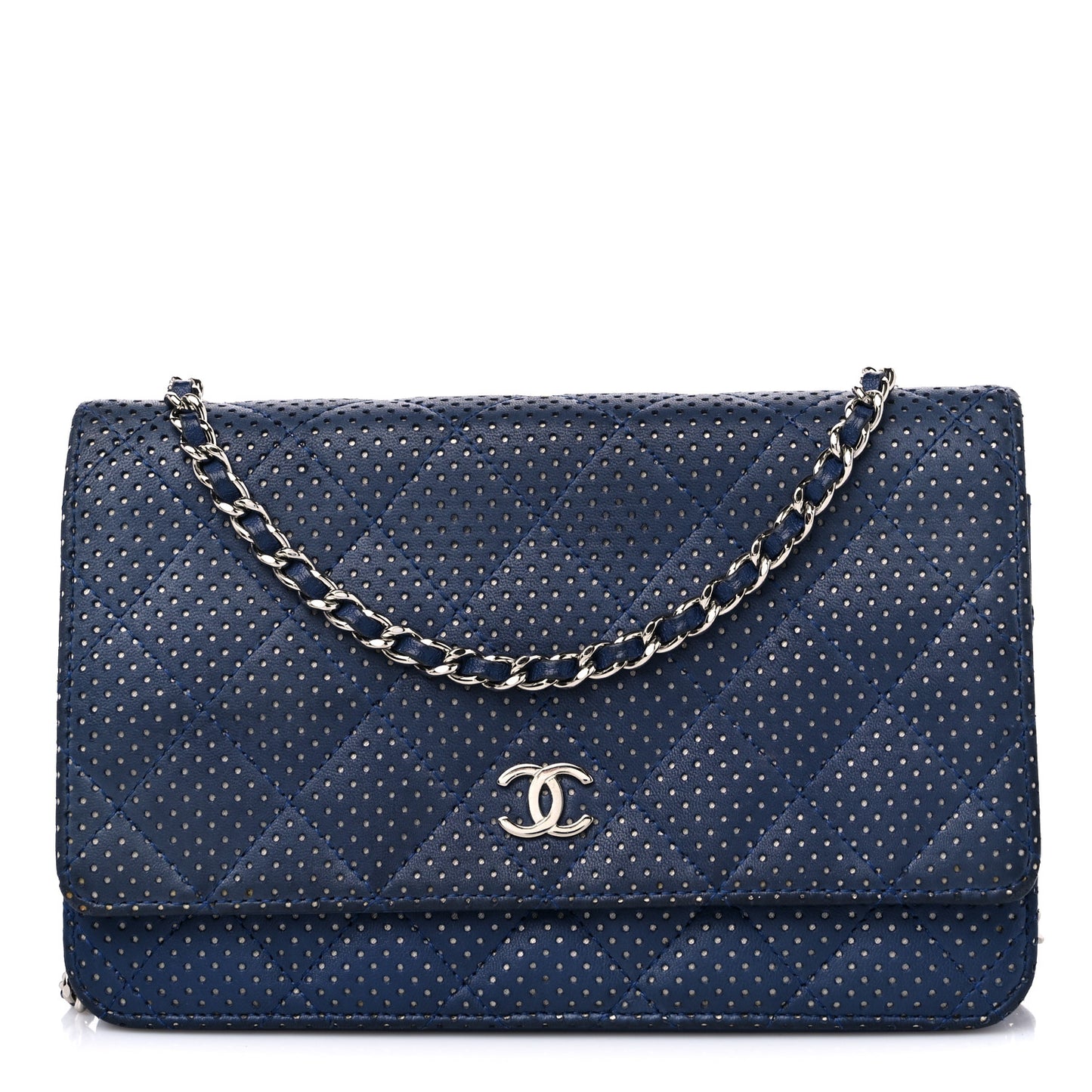Perforated Lambskin Quilted Wallet On Chain WOC Blue