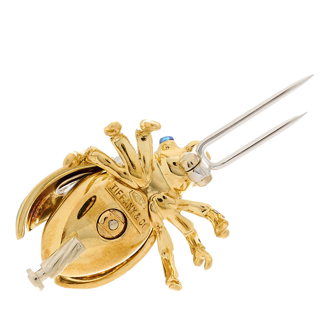 Tiffany 18K Yellow White Gold Diamond Enamel Ladybug Brooch Pin Green 3 of 6