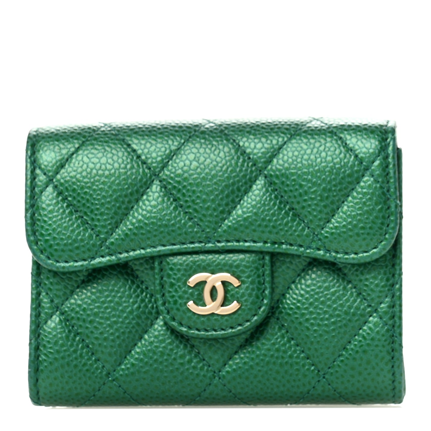 Metallic Caviar Quilted Flap Card Holder Wallet Green