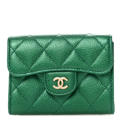 Chanel Metallic Caviar Quilted Flap Card Holder Wallet Green 1 of 8