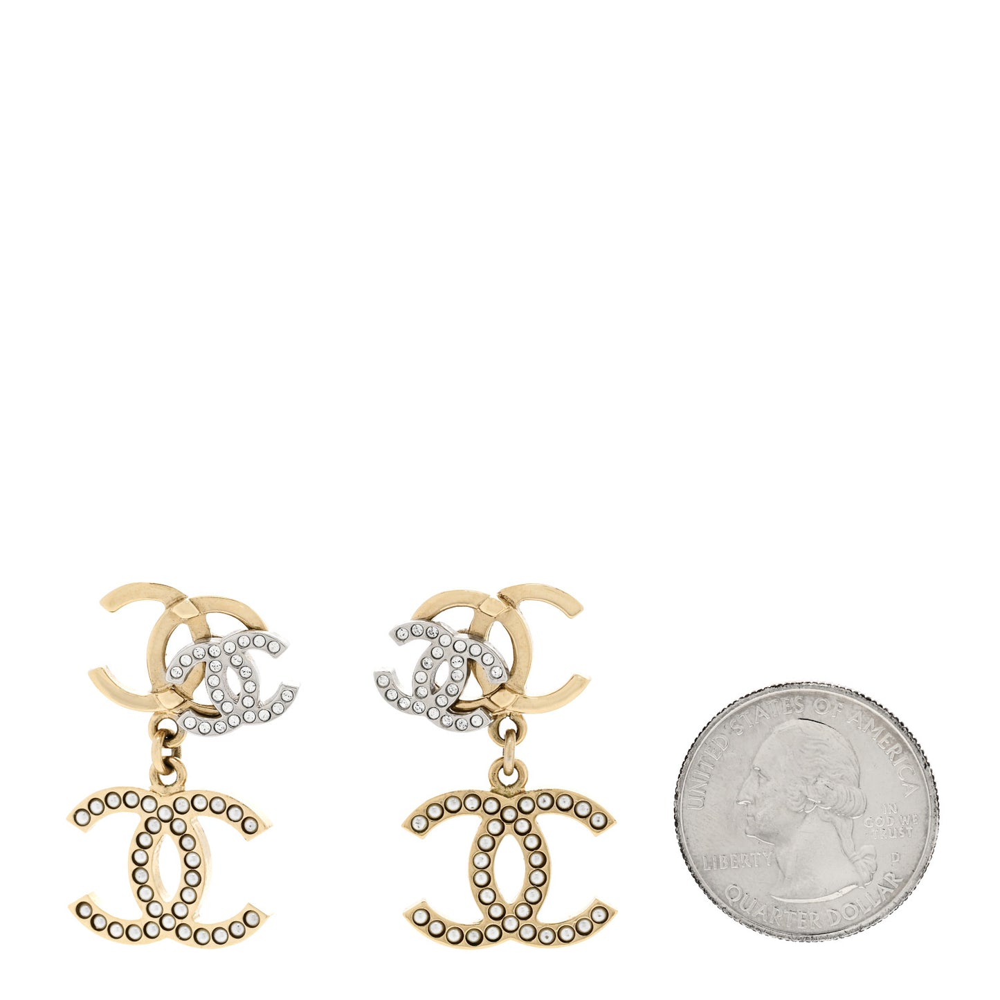 Crystal Pearl Double CC Drop Earrings Gold Silver
