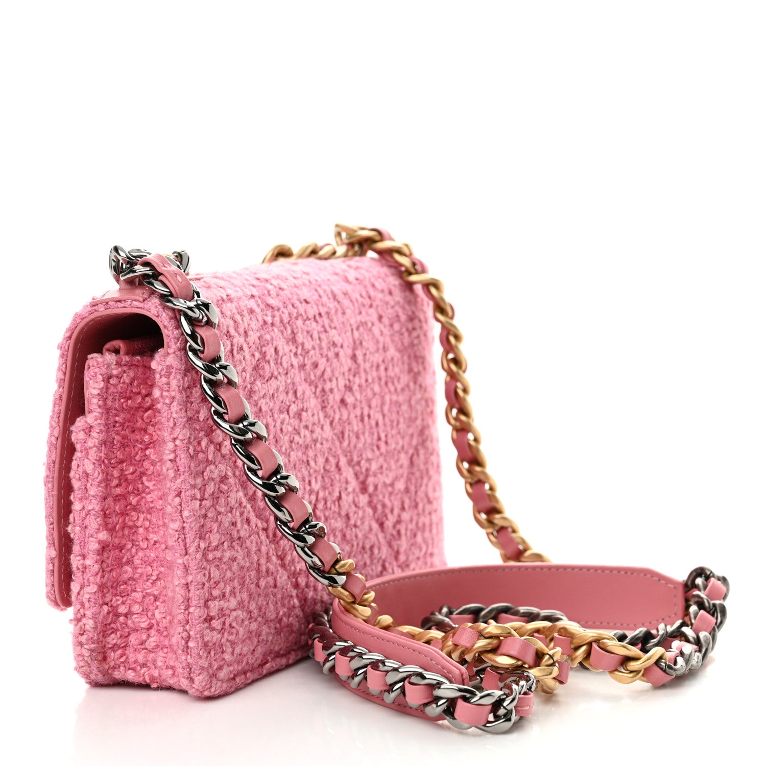 Chanel Wool Tweed Lambskin Quilted Chanel 19 Wallet On Chain WOC Pink 3 of 13