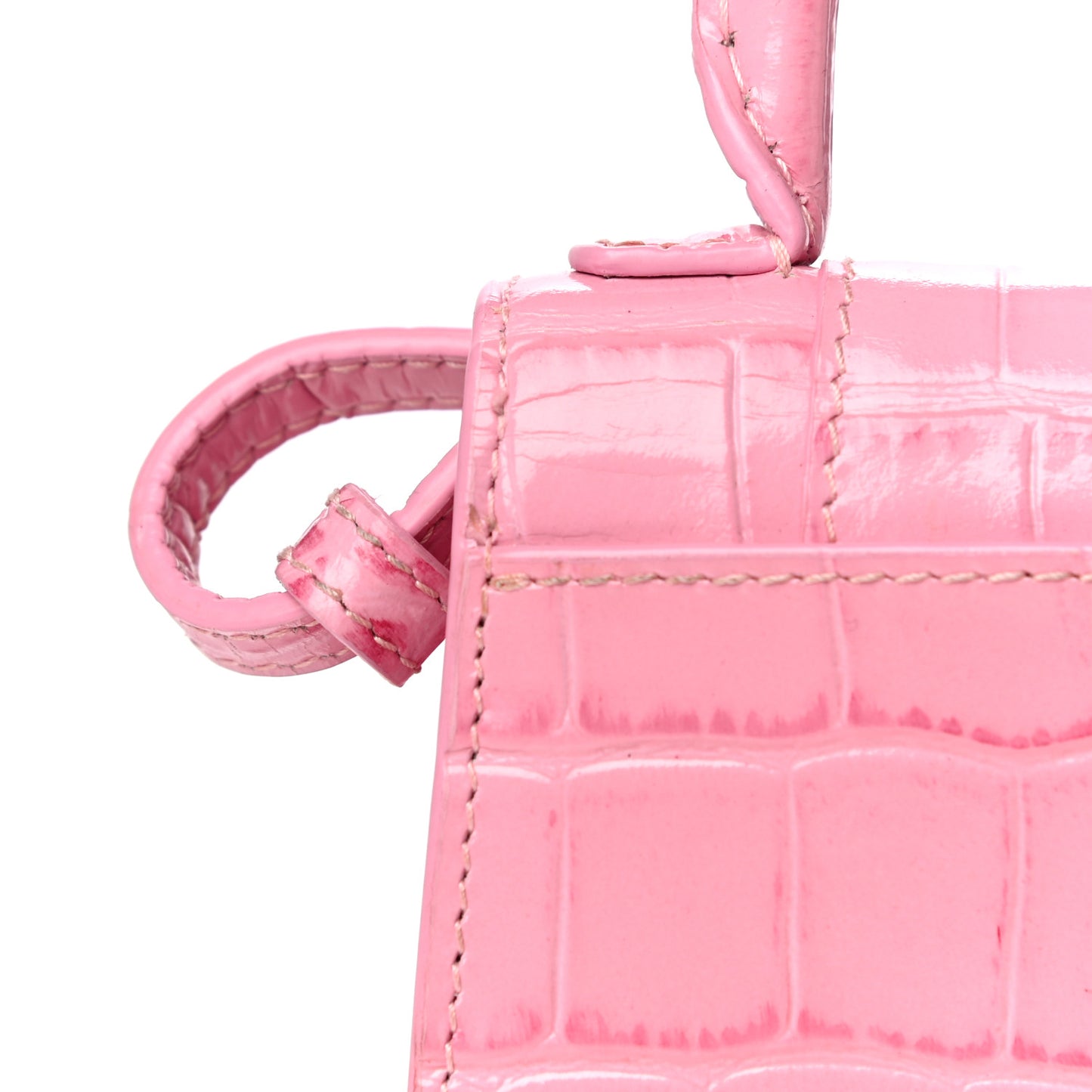 Shiny Calfskin Crocodile Embossed Hourglass Top Handle Bag Mini Pink