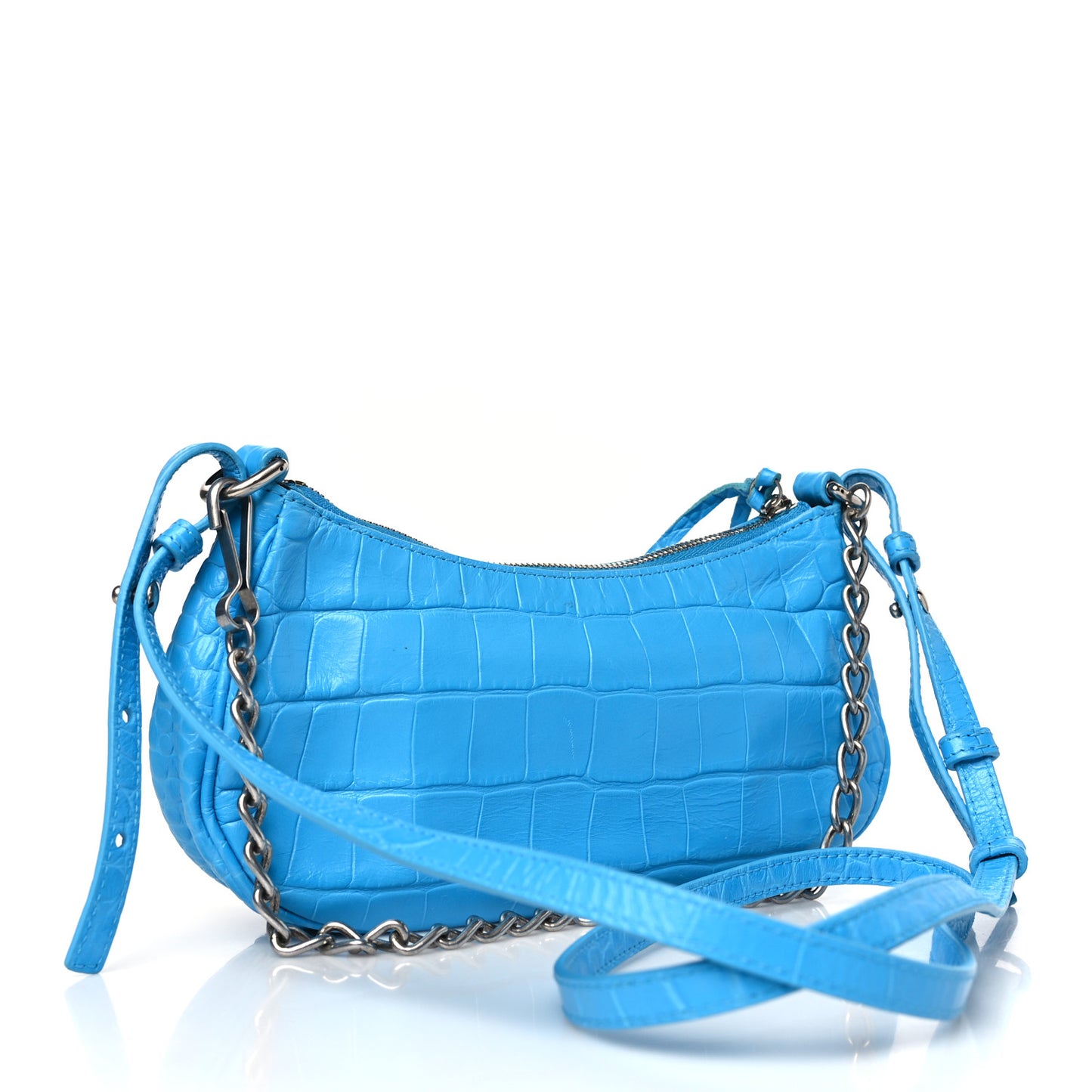 Extra Supple Calfskin Crocodile Embossed Crystal Mini Le Cagole Purse With Chain Cyan