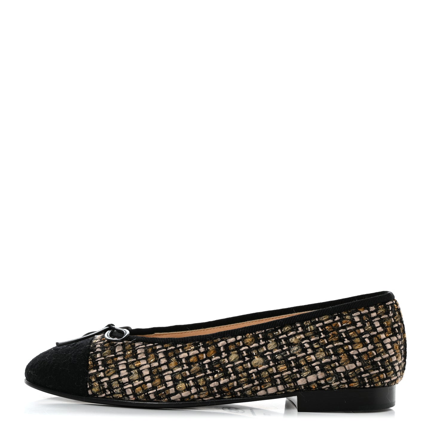 Tweed Grosgrain Cap Toe Ballerina Flats 37 Black Gold