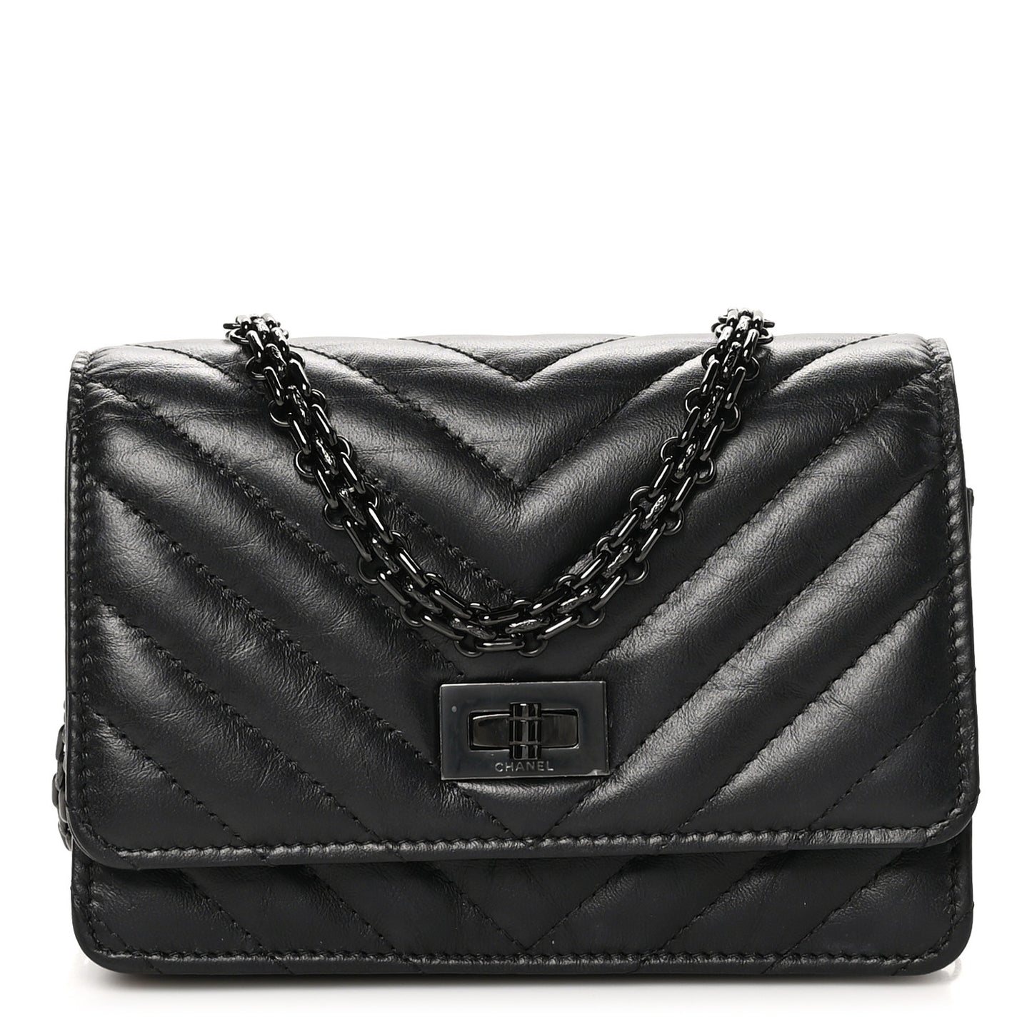 Aged Calfskin Chevron Quilted Reissue 2.55 Square Wallet On Chain WOC So Black