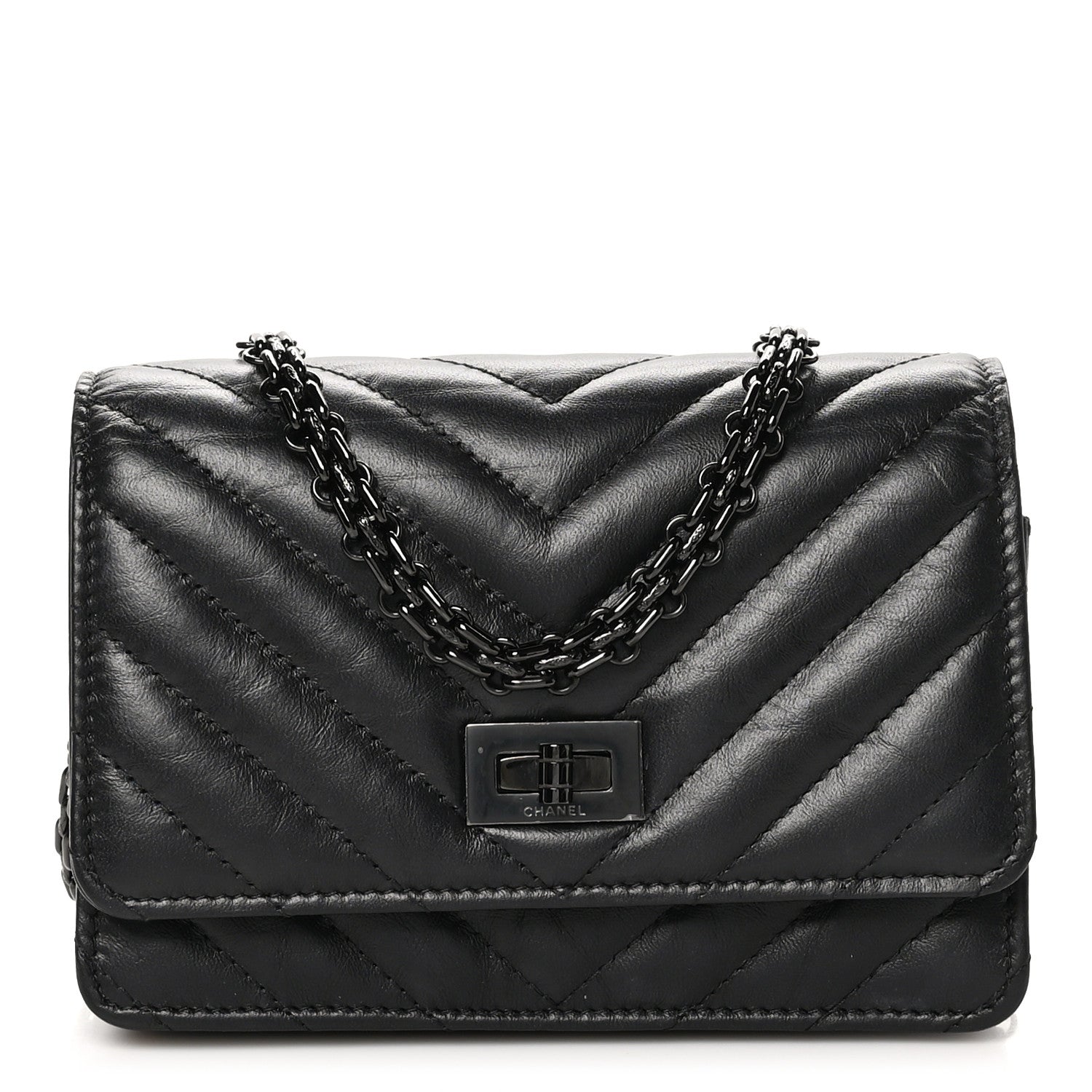 Chanel Aged Calfskin Chevron Quilted Reissue 2.55 Square Wallet On Chain WOC So Black 1 of 10