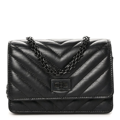 Chanel Aged Calfskin Chevron Quilted Reissue 2.55 Square Wallet On Chain WOC So Black 1 of 10