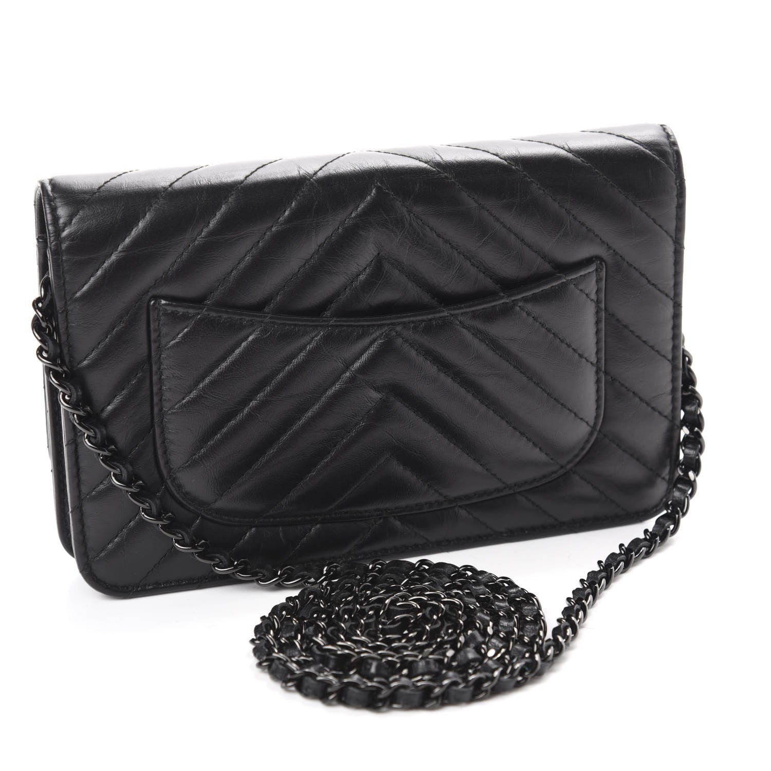 Chanel Aged Calfskin Chevron Quilted Reissue Wallet On Chain WOC So Black 3 of 14