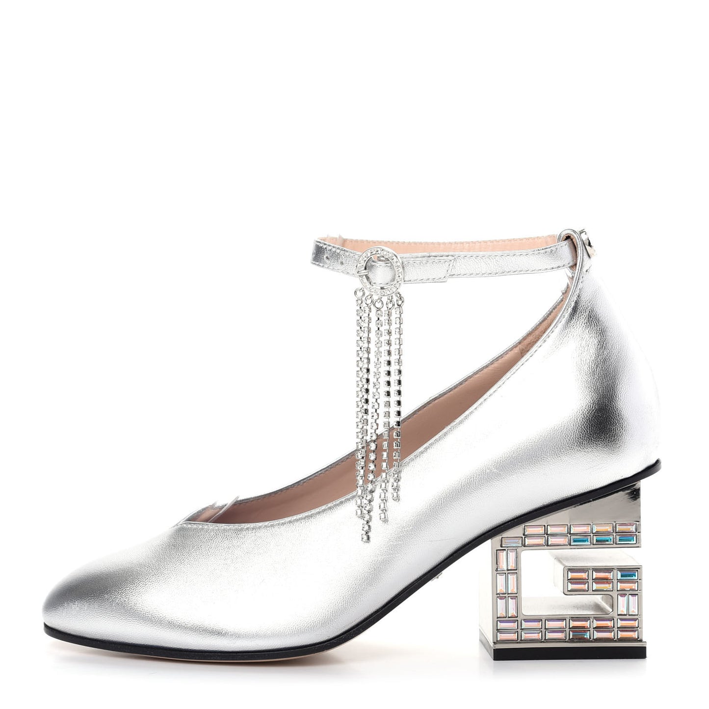 Metallic Nappa Crystal Square G Mid Heel Pumps 35 Silver