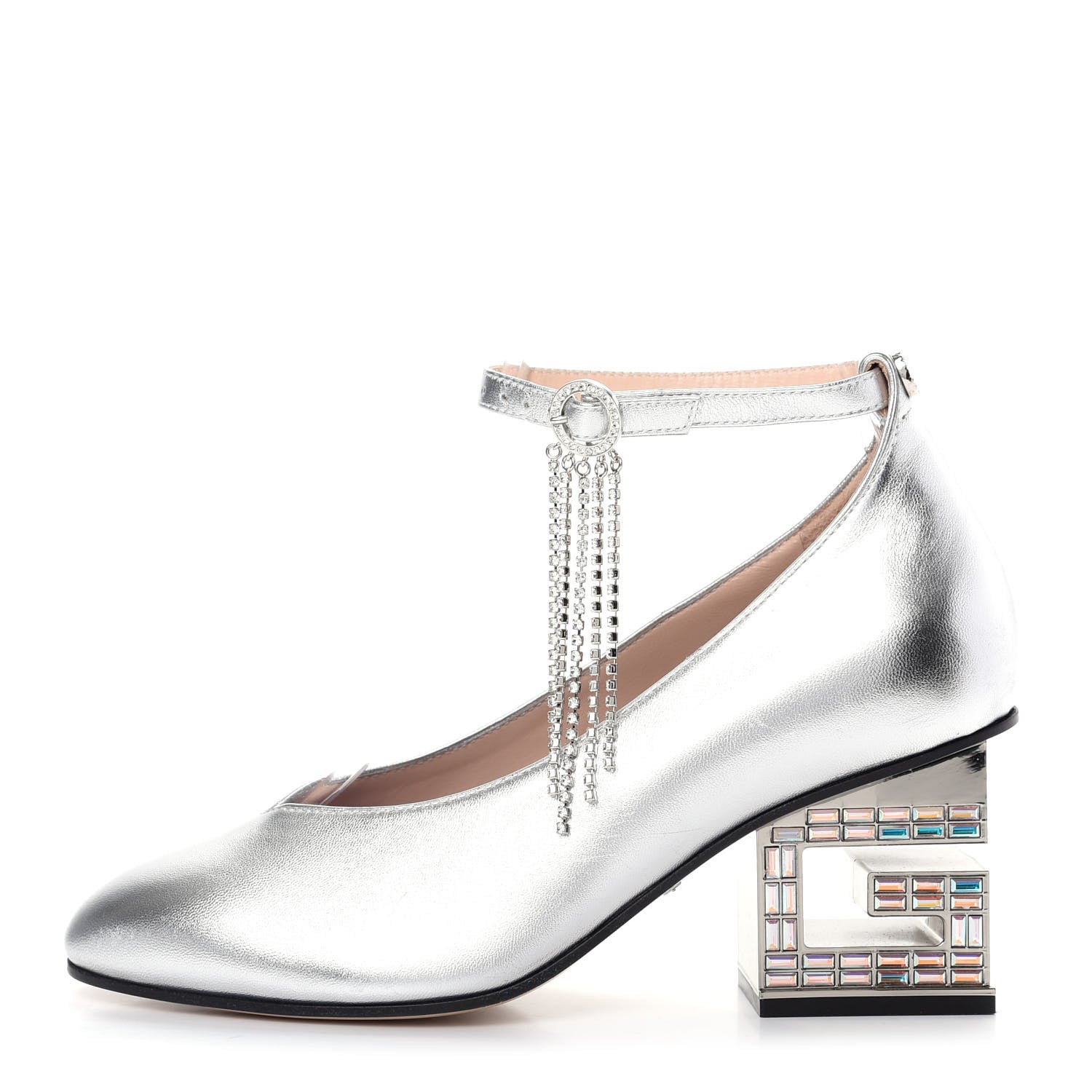 Gucci Metallic Nappa Crystal Square G Mid Heel Pumps 35 Silver 1 of 11