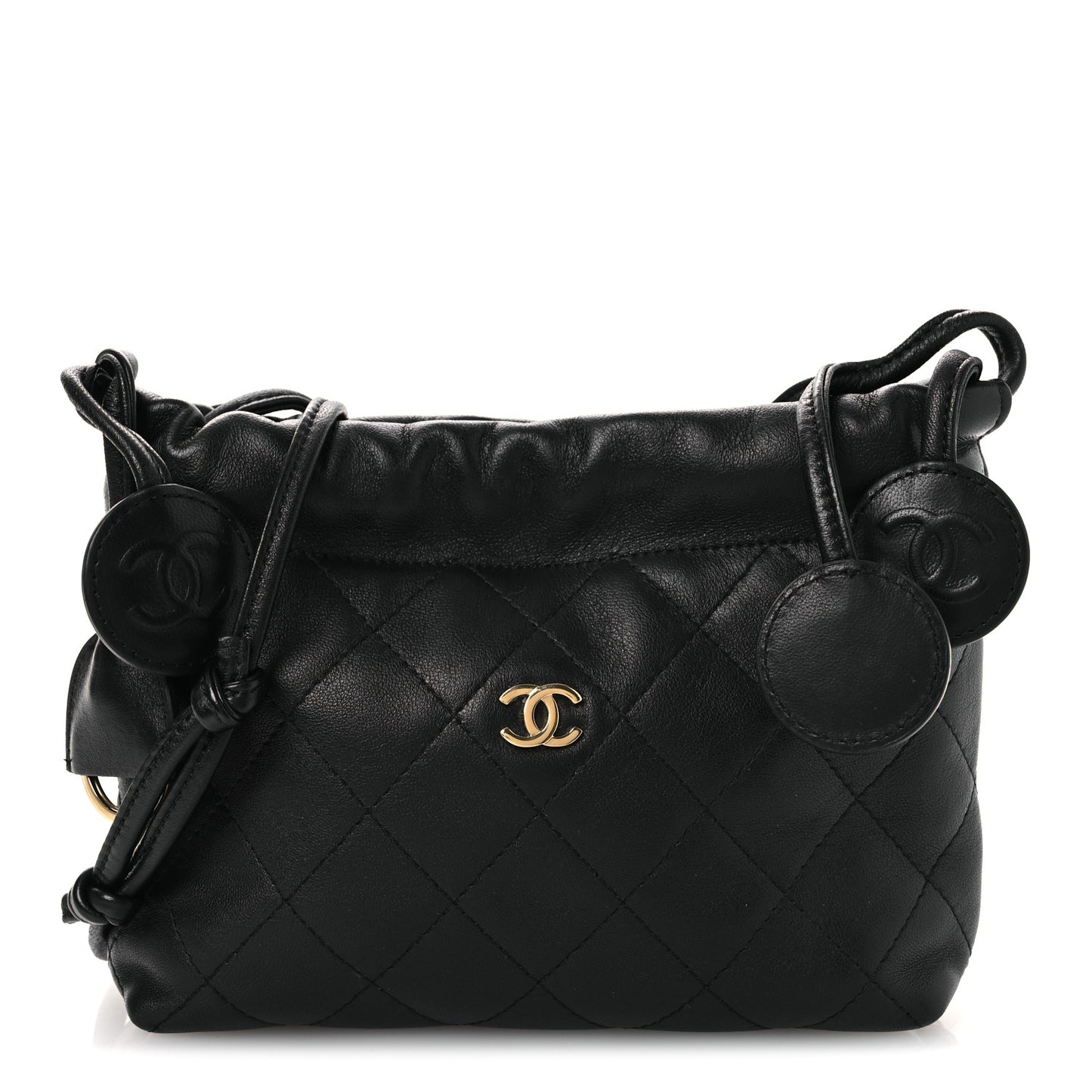 Lambskin Quilted Drawstring Clutch With Strap Black